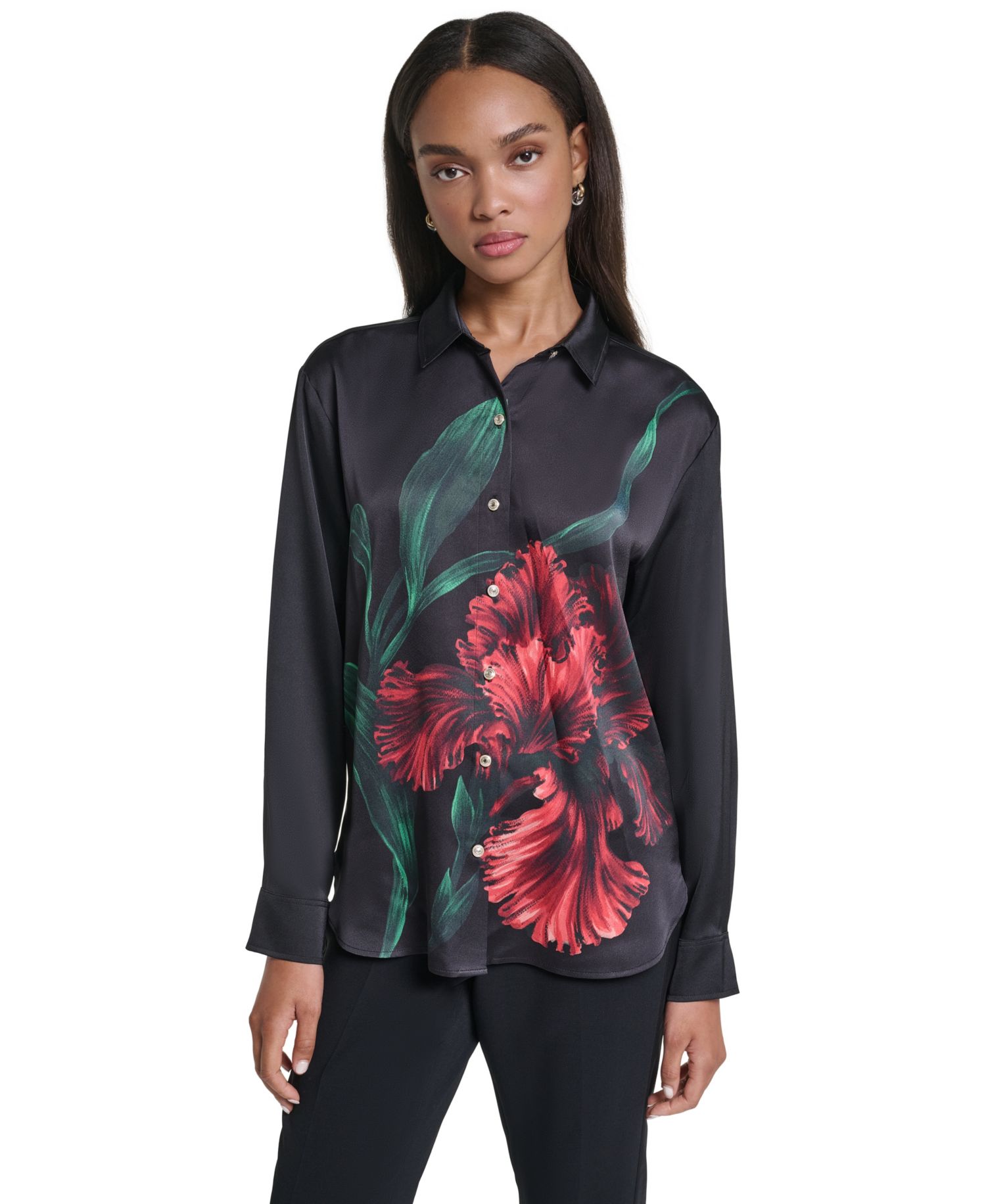 Women's Long-Sleeve Floral-Print Satin Blouse
