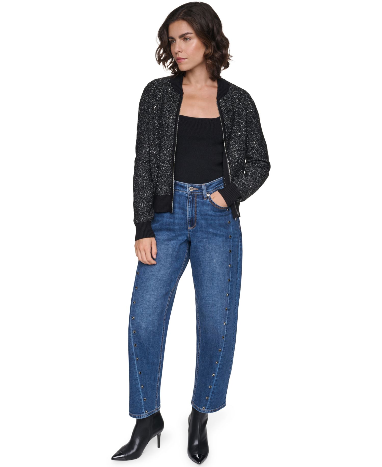 Women's Full-Zip Embellished Loose-Fit Cardigan Sweater
