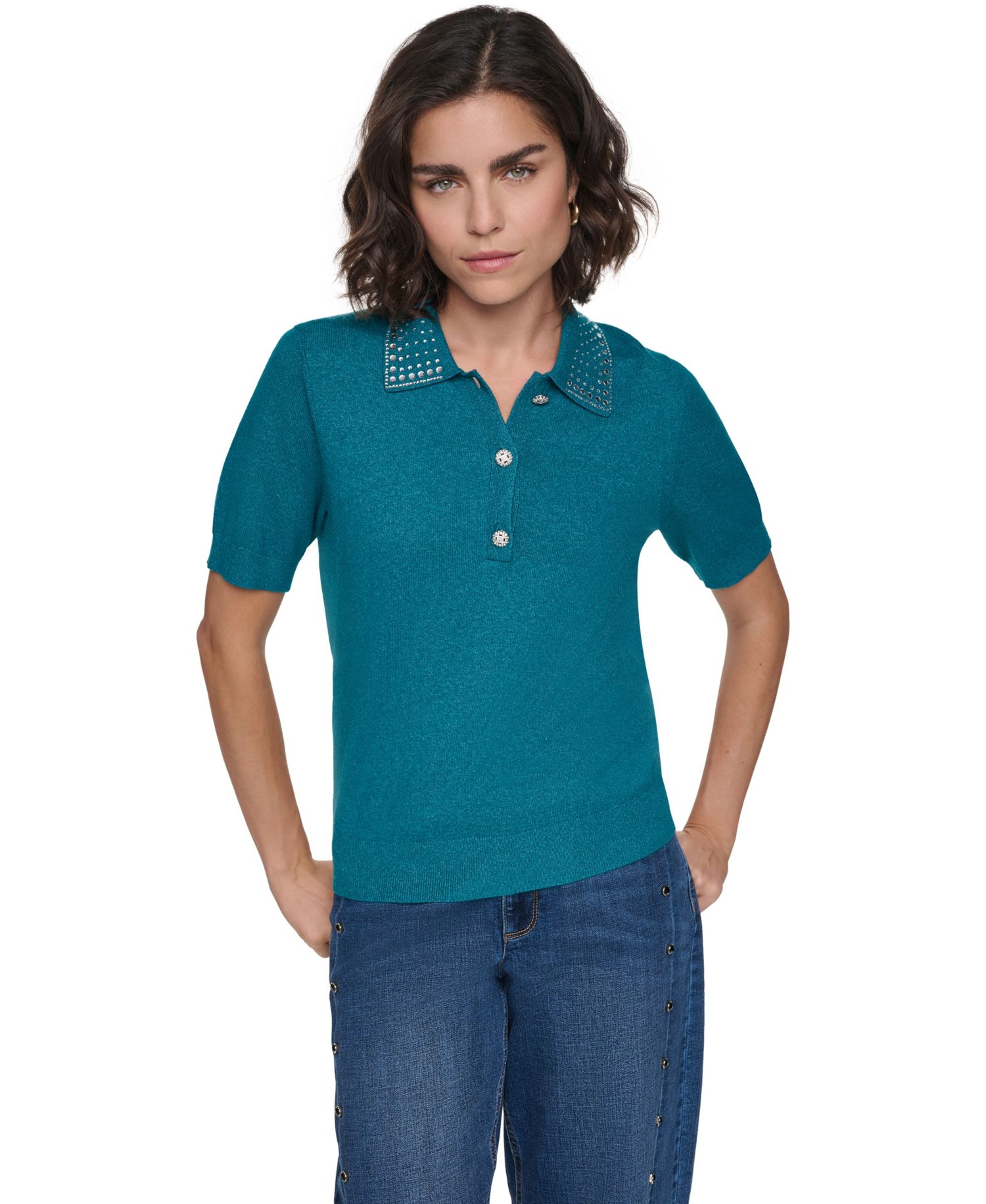 Petite Key Item Short-Sleeve Embellished-Collar Polo Shirt