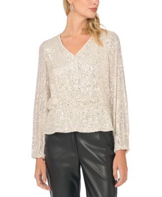 Women's Split Neck Bubble Sleeve Sequins Blouse