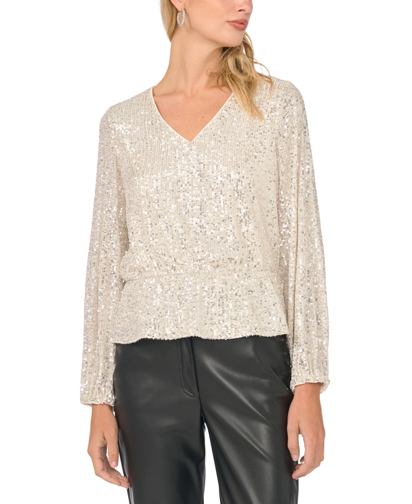 Женская блузка Vince Camuto Split Neck Bubble Sleeve Sequins, цвет: Шампань — фото 1