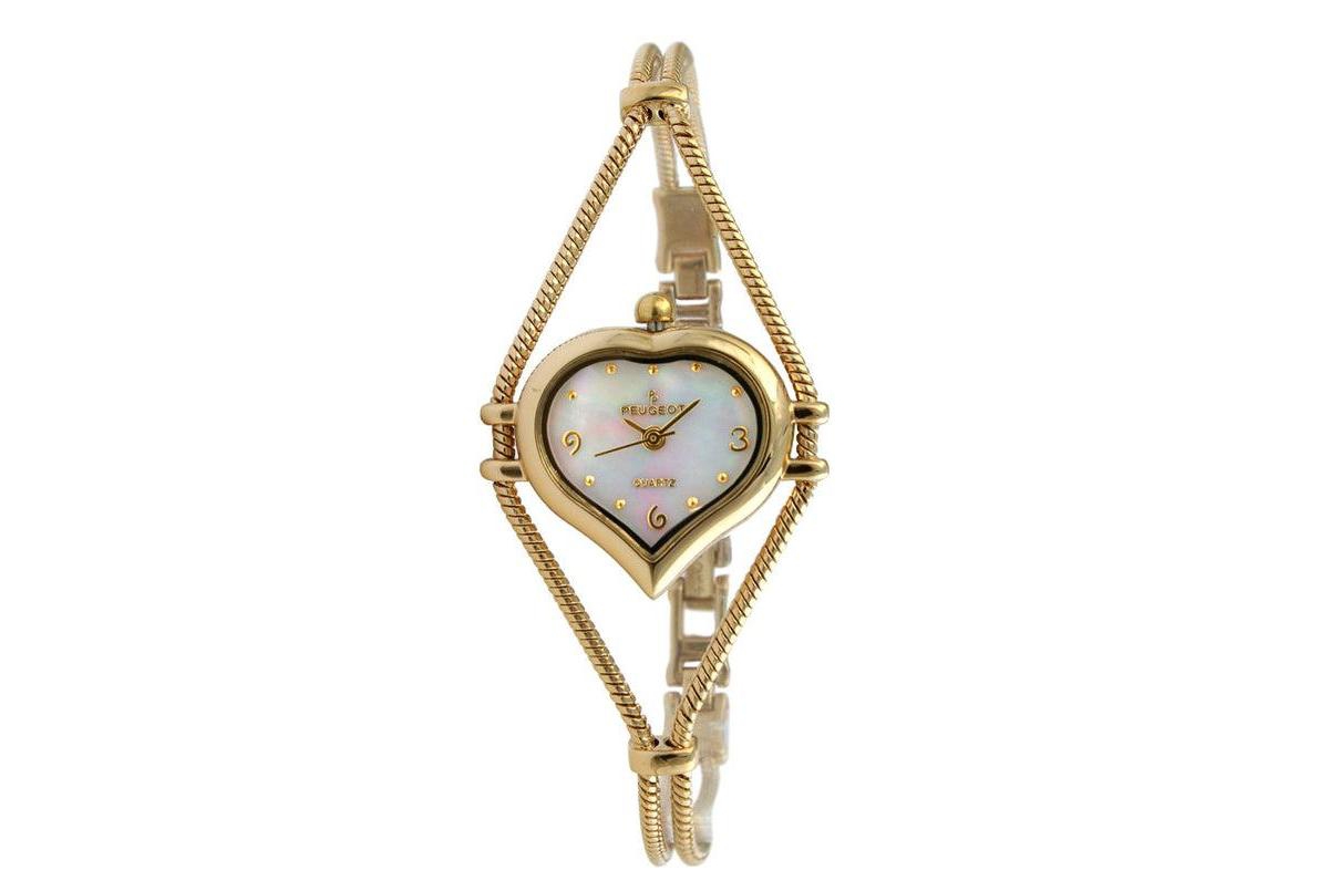Peugeot Womens Gold-Tone Heart Shape Wire Watch with Mother of Pearl dial
