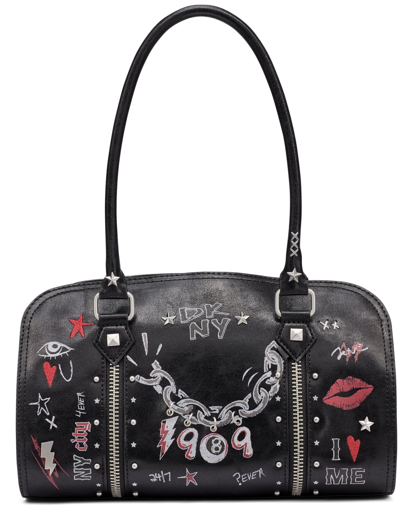 Женская сумка DKNY Cedar Medium Adjustable Strap Satchel Handbag, цвет: Чёрный / Серебряный — фото 1