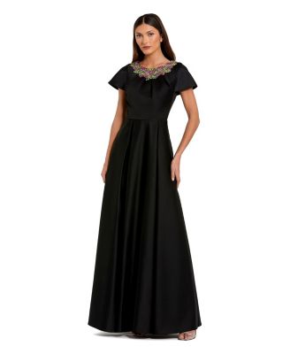 Women's Satin Flutter Sleeve Gown With Neckline Beading