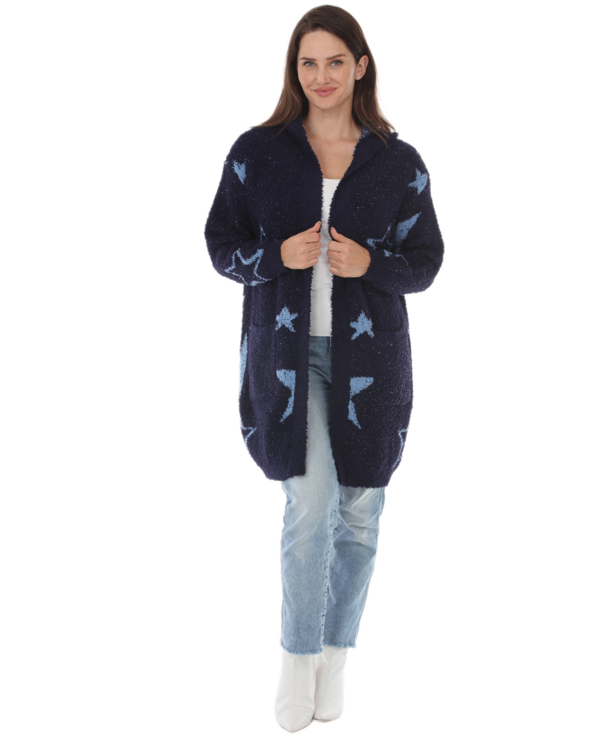 White Mark Women's Hooded Star-Print Wool Cardigan - Navy