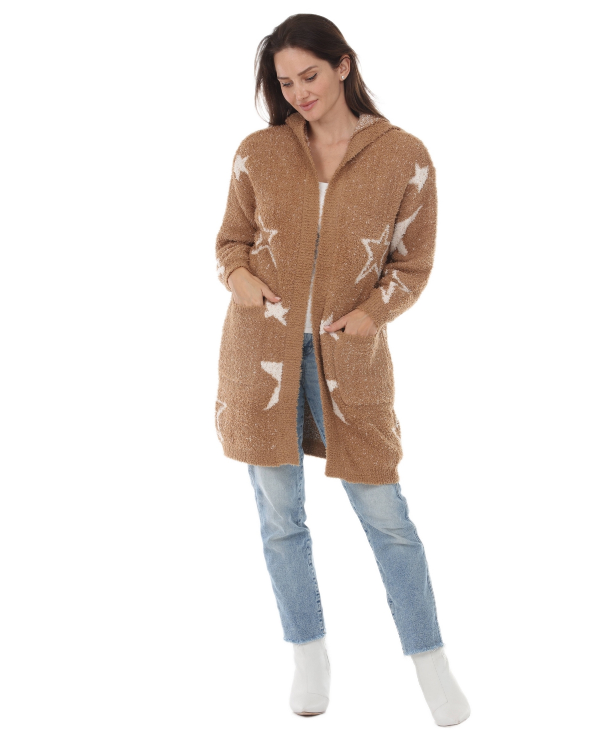 White Mark Women's Hooded Star-Print Wool Cardigan - Camel