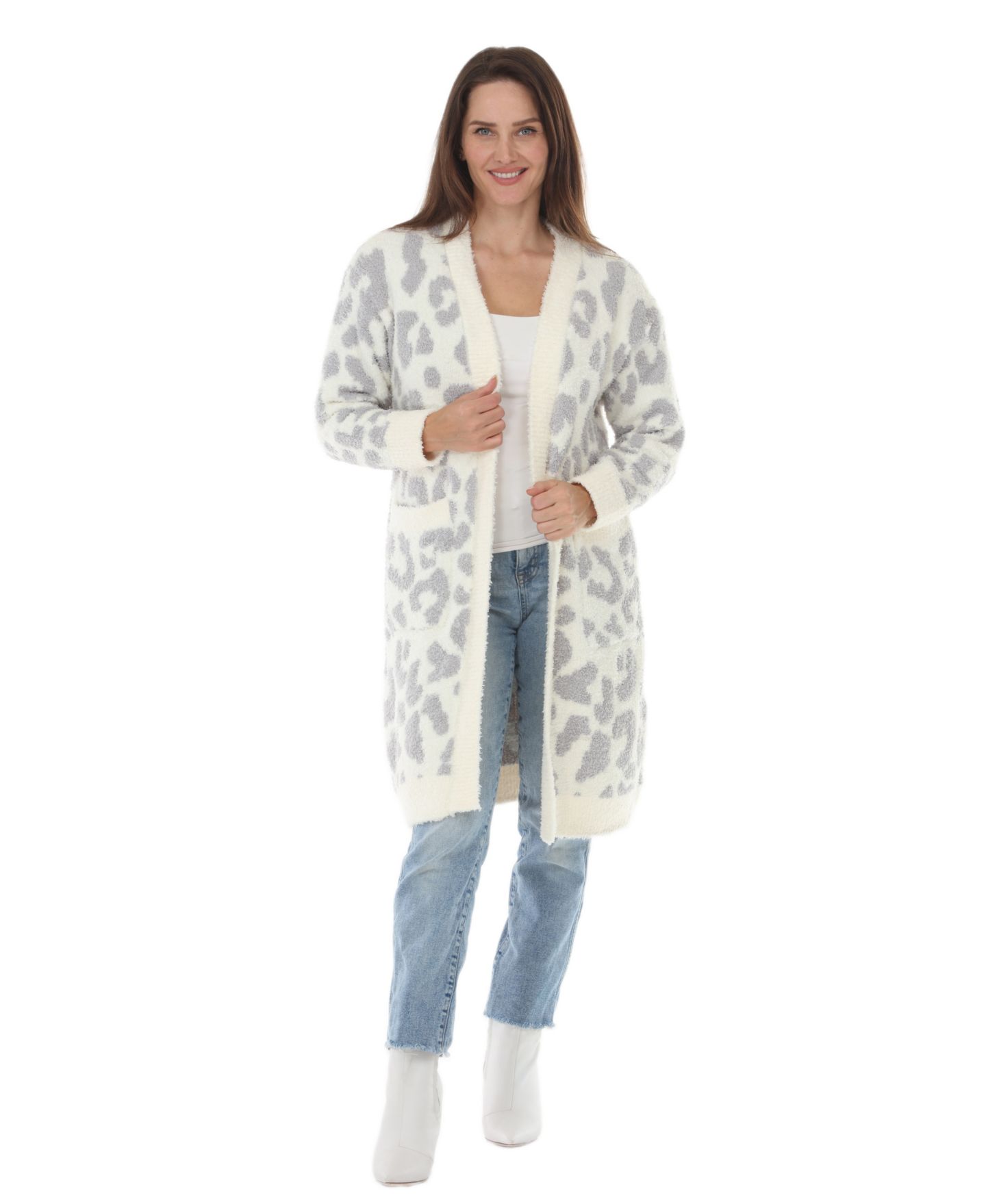 Женский кардиган White Mark Leopard-Print Sherpa Open-Front, цвет: Бежевый — фото 1