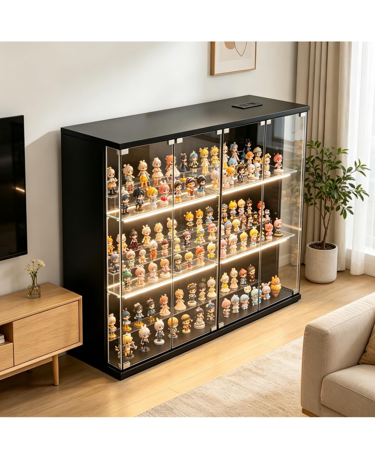 homfan 3-Tier Display Curio Cabinet With App Controlled Rgb Light, Tempered Glass, Wood Base, Frameless Design, Usb Charging