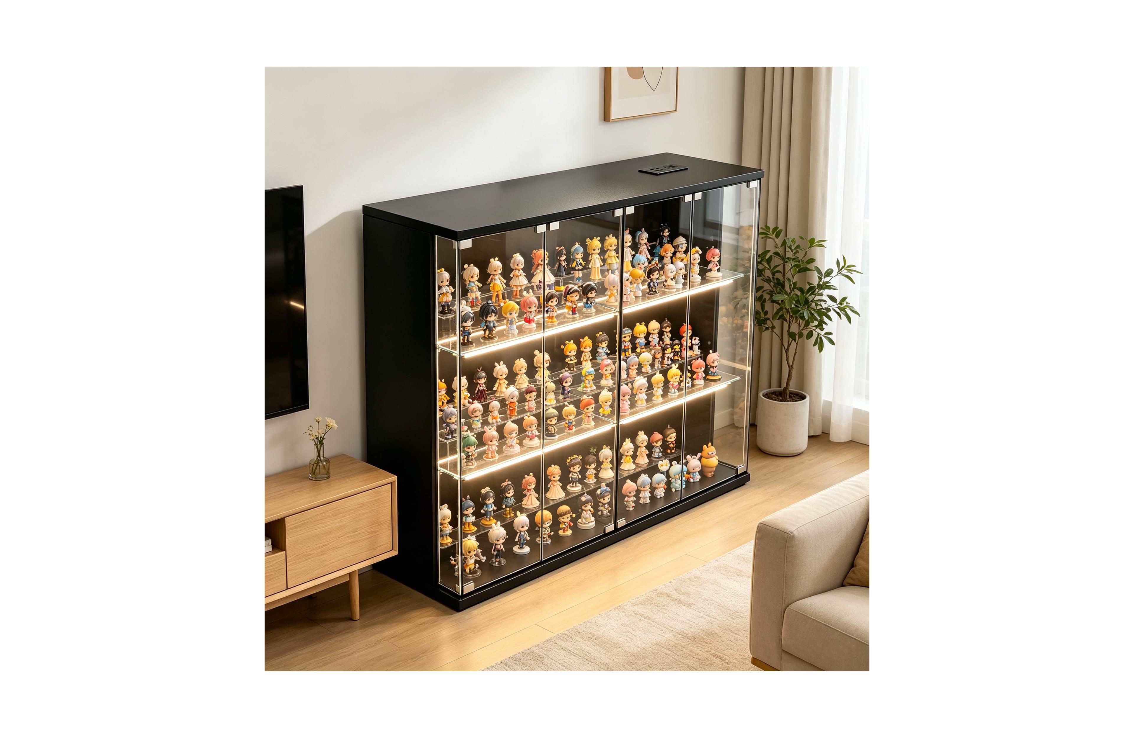 homfan 3-Tier Display Curio Cabinet With App Controlled Rgb Light, Tempered Glass, Wood Base, Frameless Design, Usb Charging