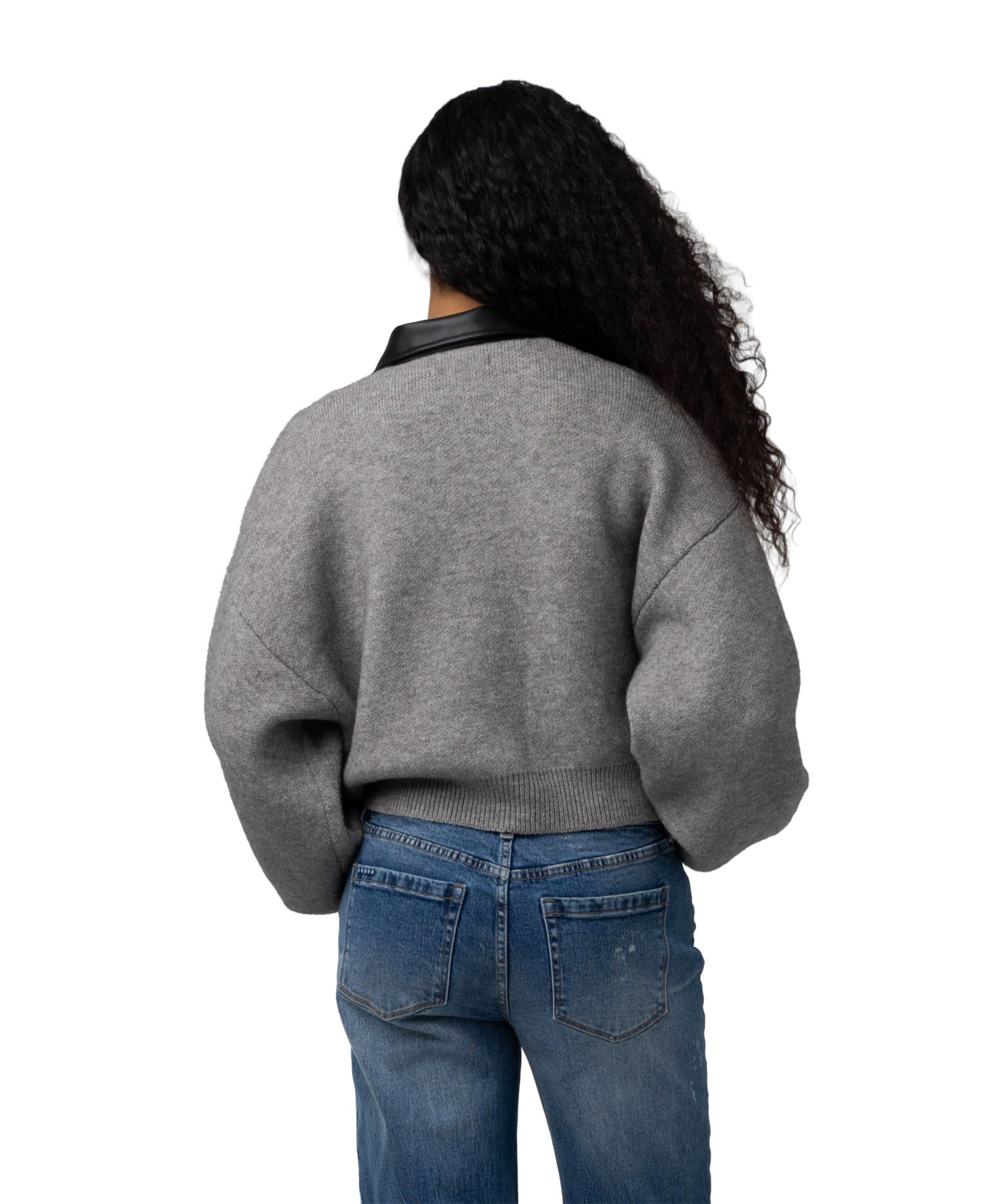 Women's Cropped Full Zip Faux Leather Trim Cardigan Sweater