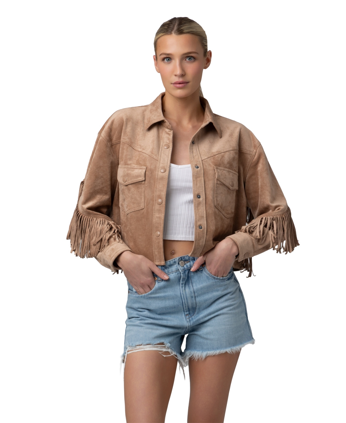 Blank Nyc Women's Faux-Suede Fringe Cropped Shacket