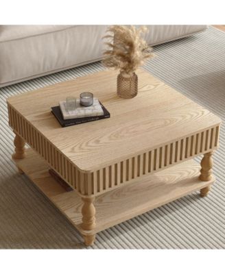 31.5 inch Fluted Lift Top Coffee Table, Hydraulic Adjustable Table with Storage Solid Wood Legs for Home