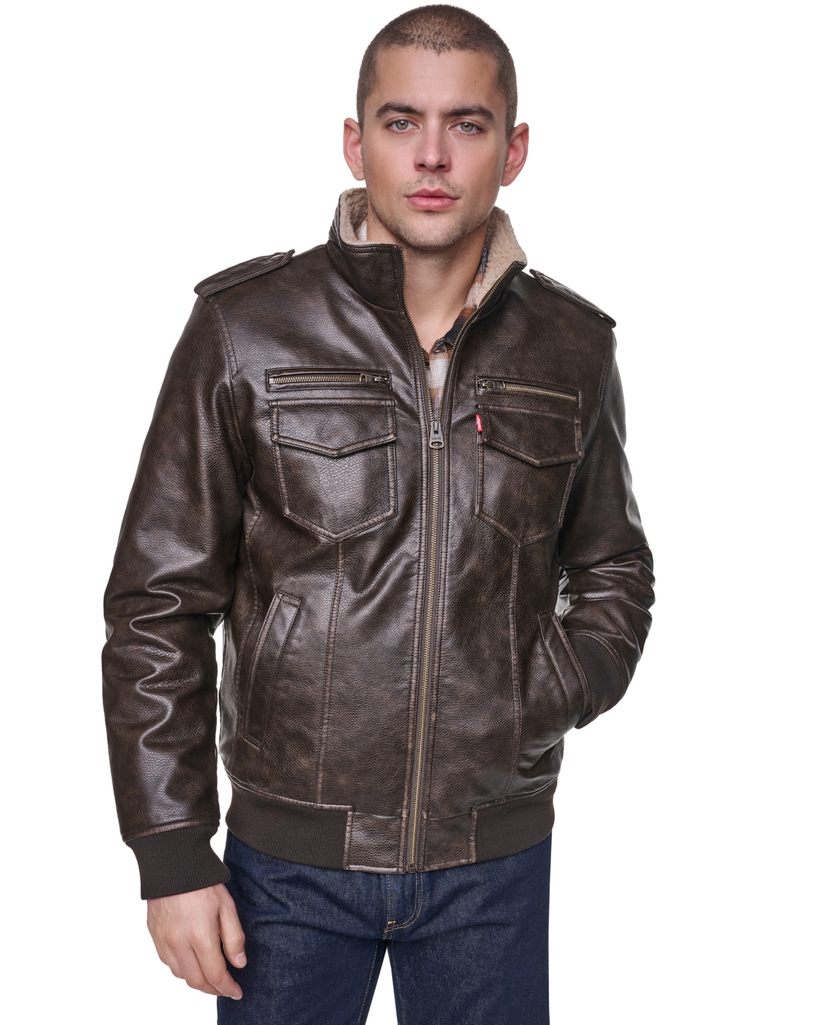 Levi's Men's Sherpa Lined Faux Leather Aviator Bomber In Brown