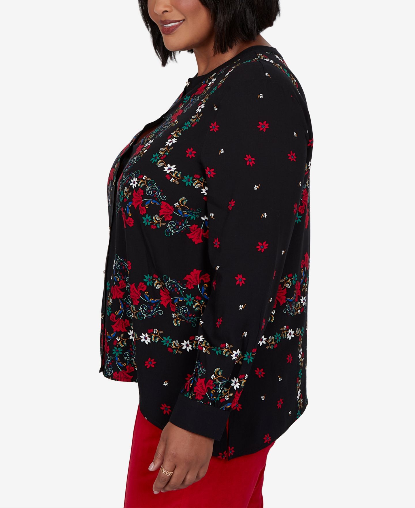 Женская блузка Ruby Rd. Plus Size Floral-Print Long-Sleeve Button-Front, цвет: Чёрный разноцветный — фото 3