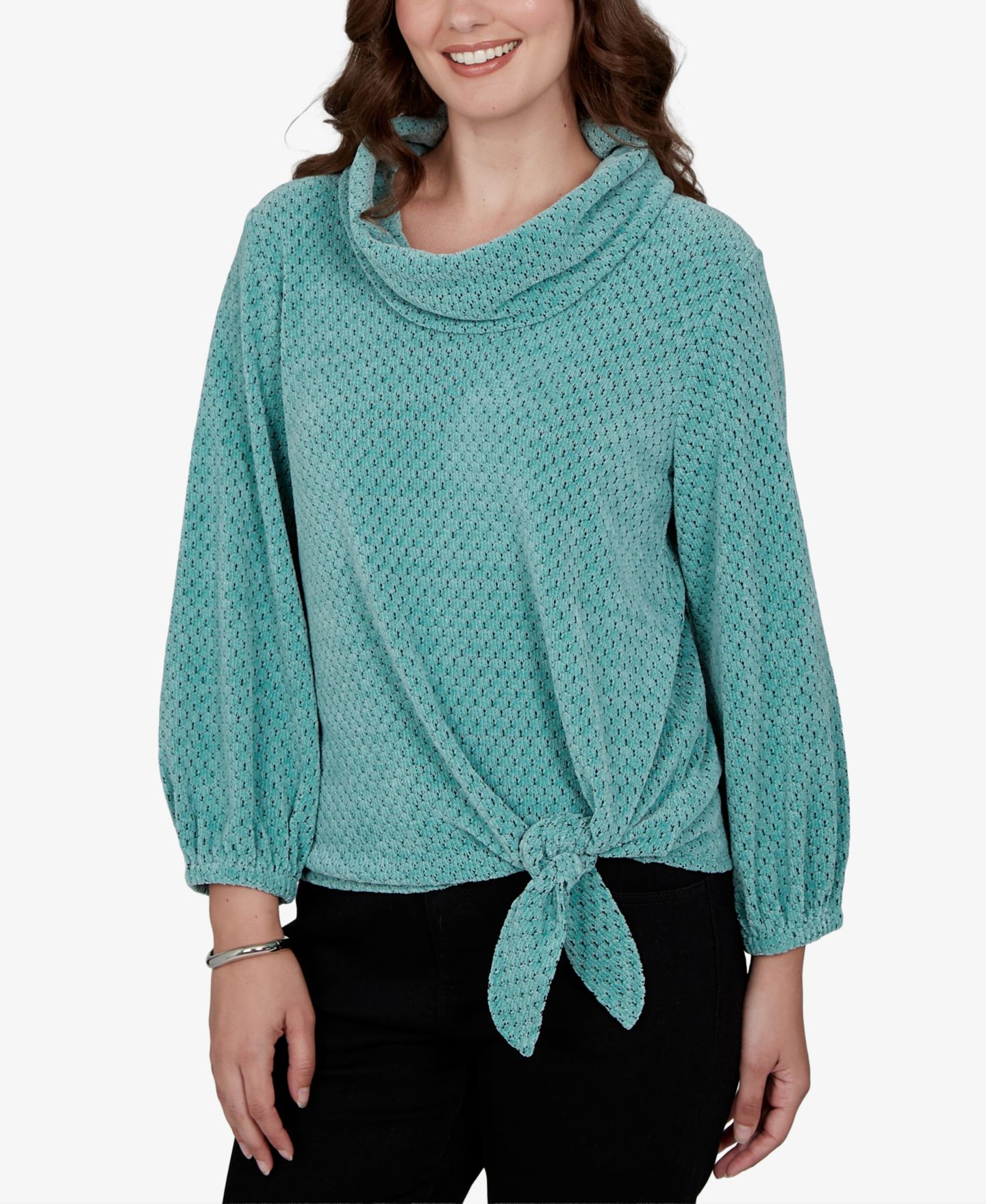 Женский топ Ruby Rd. New Neutrals Honeycomb-Knit Tie-Front 3/4-Sleeve, цвет: Adriatic — фото 2