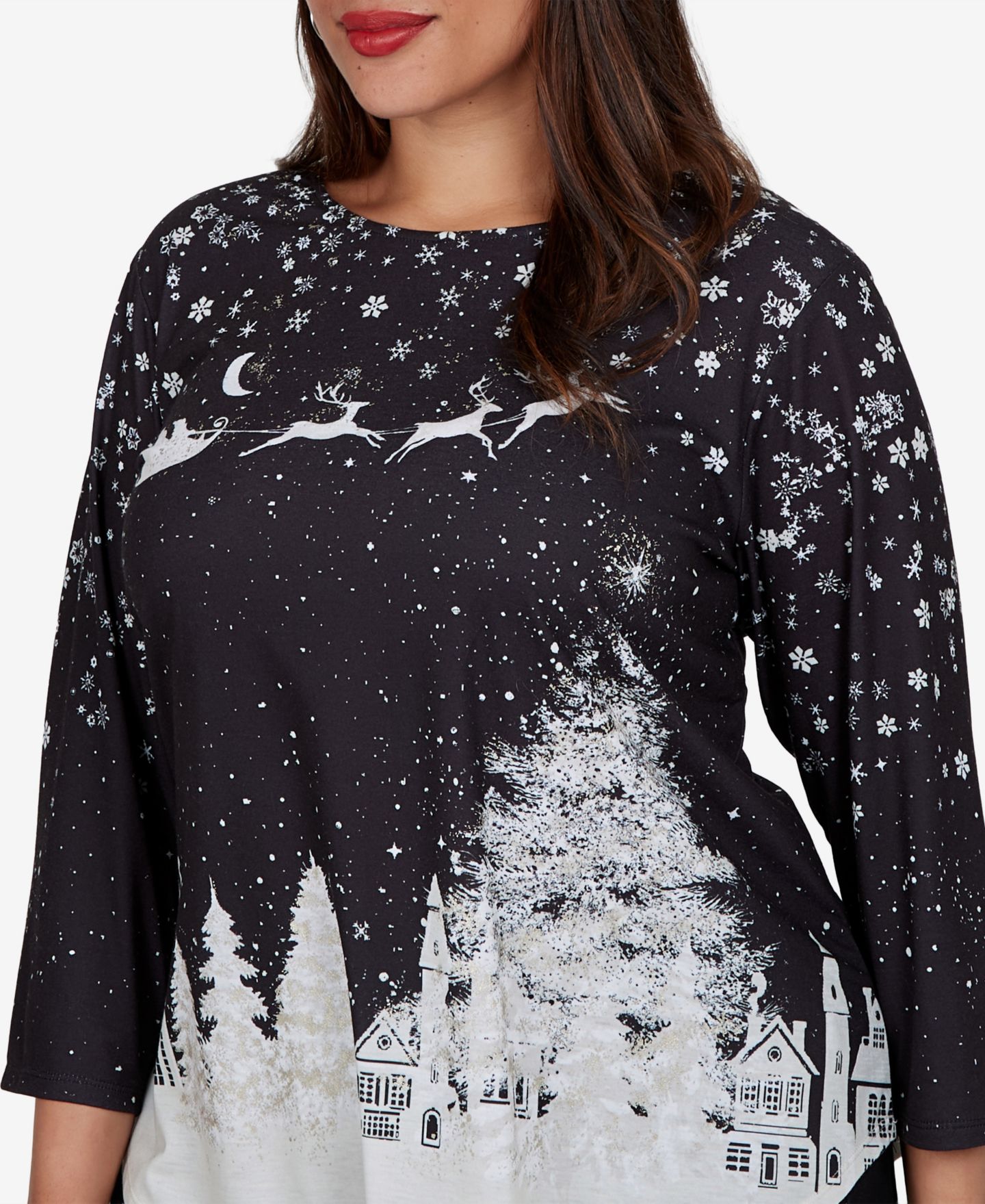 Женская футболка Ruby Rd. Plus Size Snowflake Crewneck 3/4-Sleeve, цвет: Чёрный разноцветный — фото 4