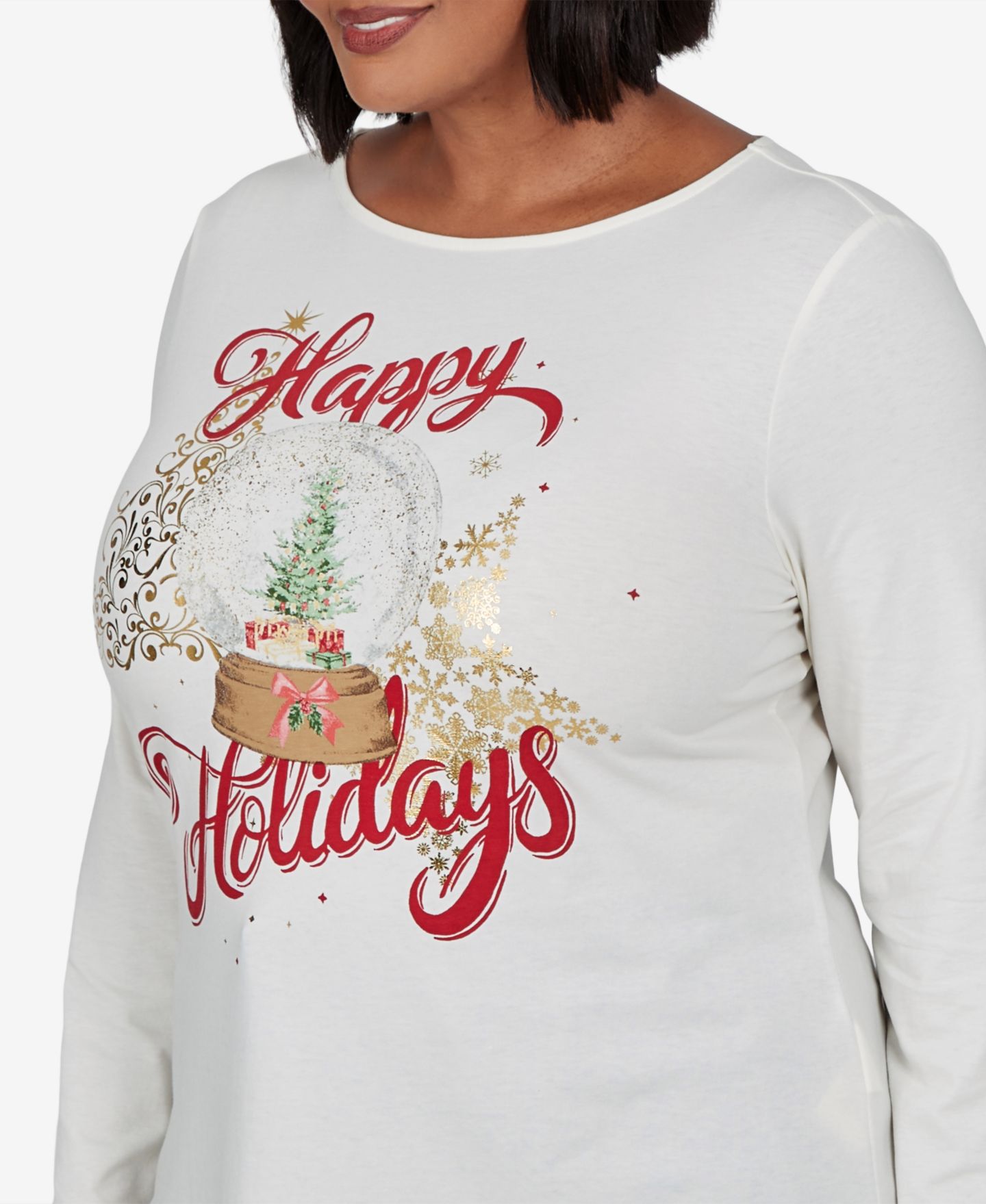 Женская футболка Ruby Rd. Plus Size Holidays Long-Sleeve Crewneck Cotton-Blend, цвет: Слоновая кость разноцветный — фото 4