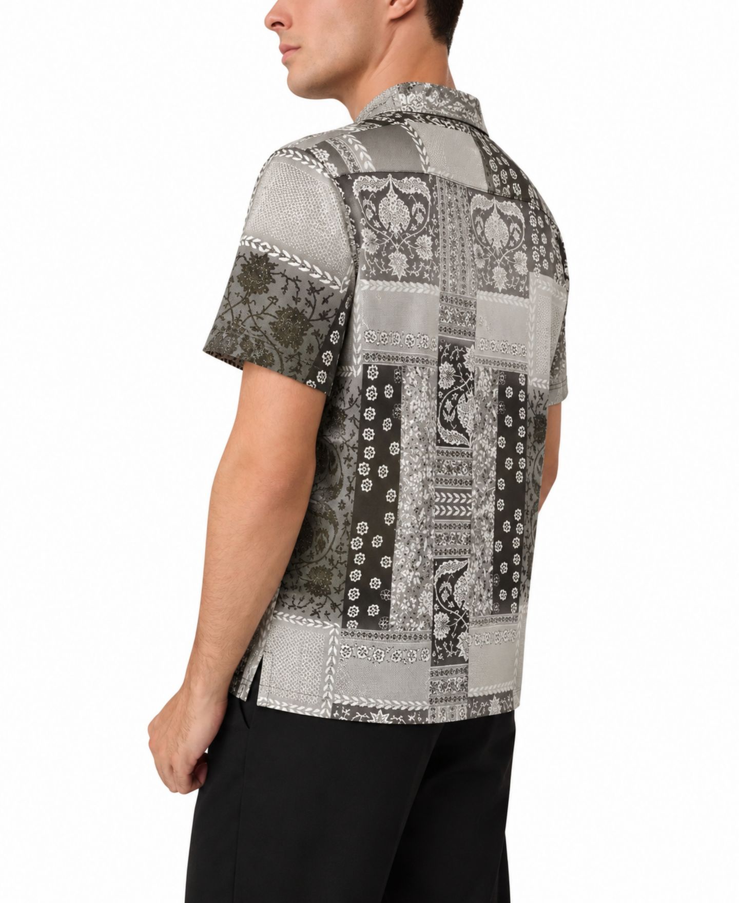 Мужская рубашка GUESS Eco Rayon Patchwork Short-Sleeve Spread Collar Button-Up, цвет: С принтом зелёный — фото 5