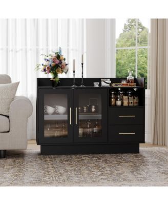 Wine Cabinet Coffee Bar Station with LED Lights Storage Drawers Double Glass Doors Anti-Tipping Design for Kitchen Living Room