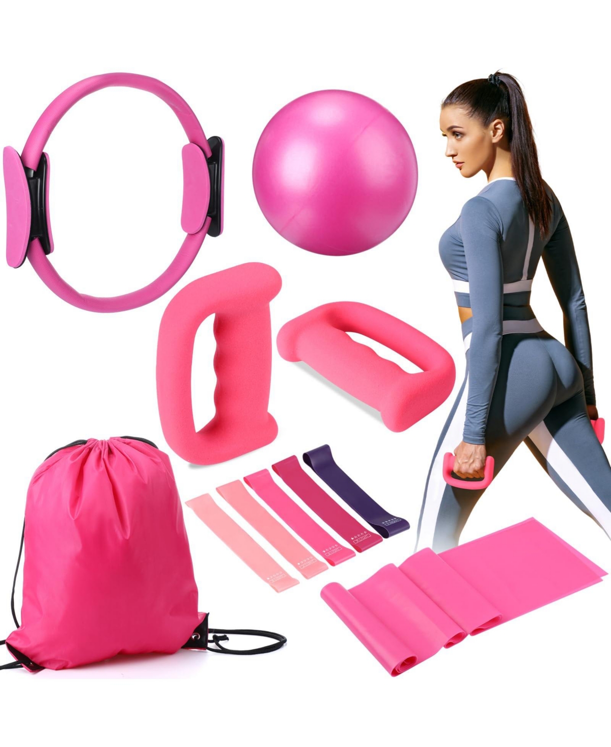 Sportneer 10 Piece Pilates Fitness Set With Resistance Bands Dumbbells Yoga Ball And Carry Bag For Home Workouts