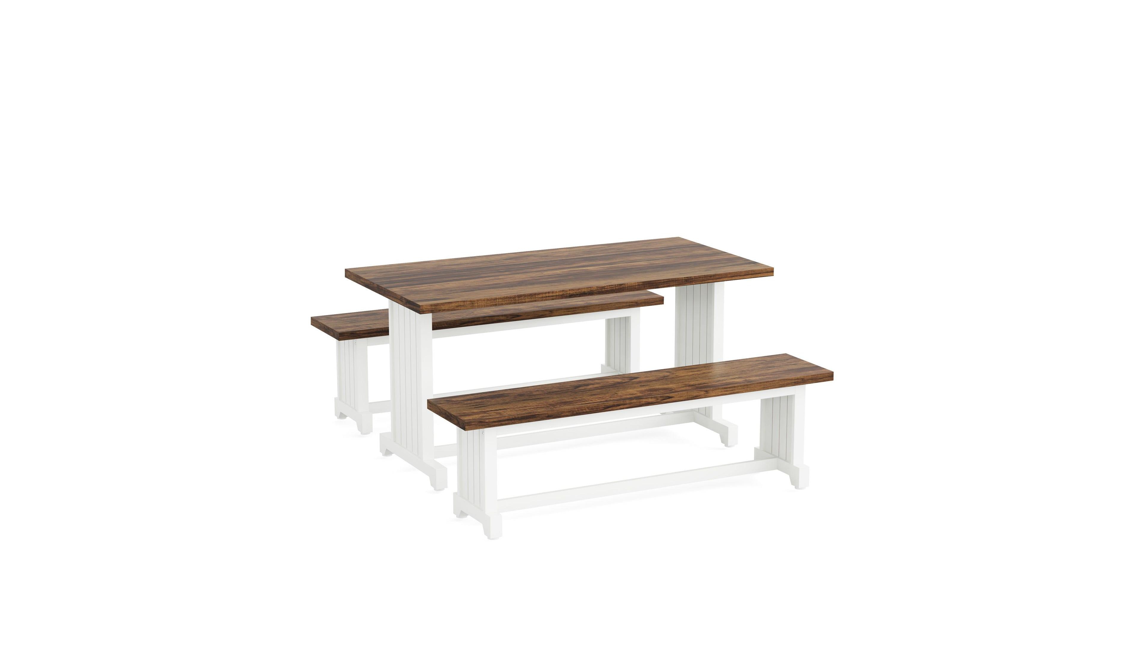 Slickblue Rustic Farmhouse Dining Table with 2 Benches for Kitchen and Dining Room-White