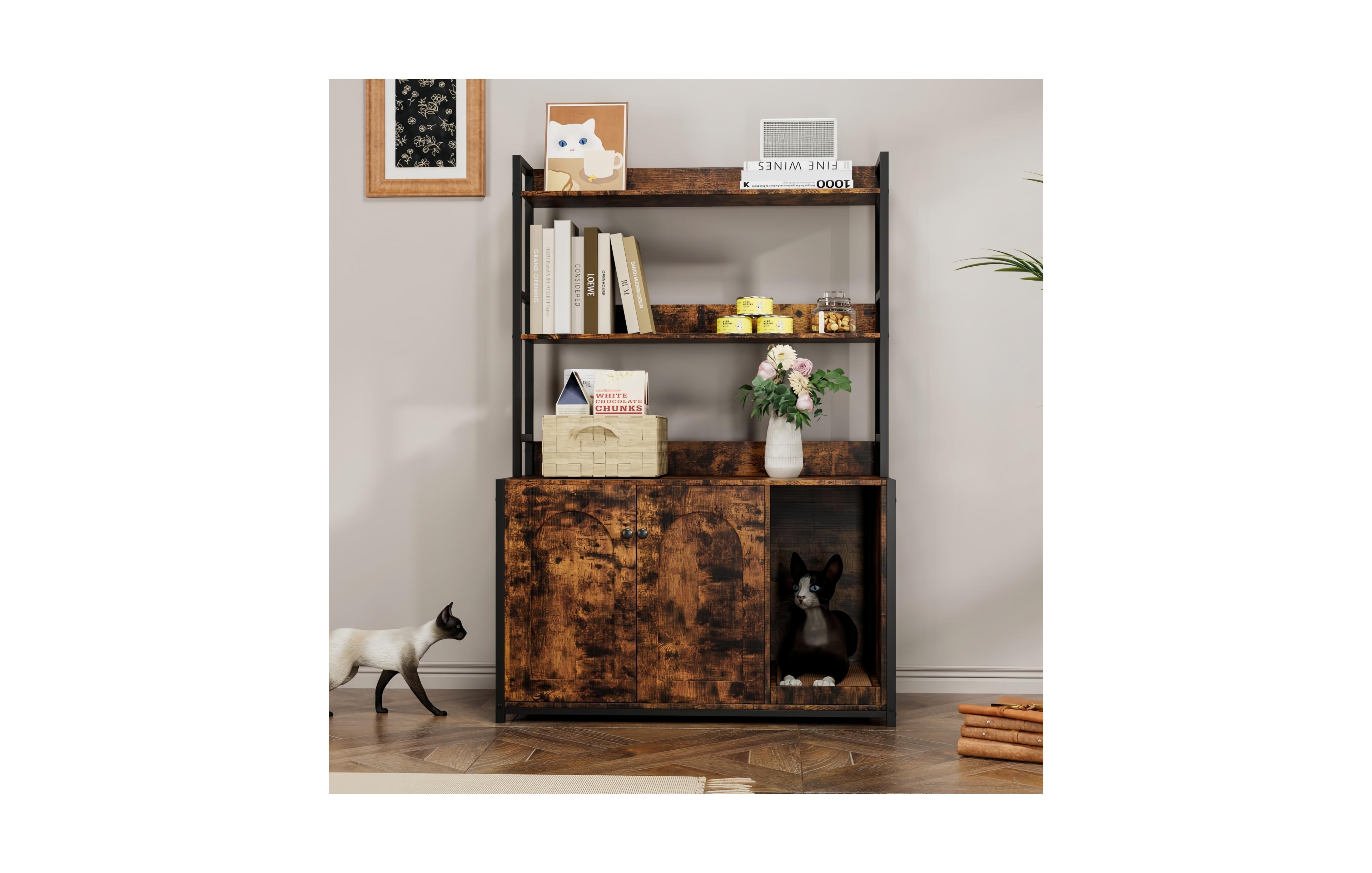 Lalfpet Litter Box Enclosure, Cat Box, Cabinet Furniture Hidden With Storage, 3 Layers Storage Shelf