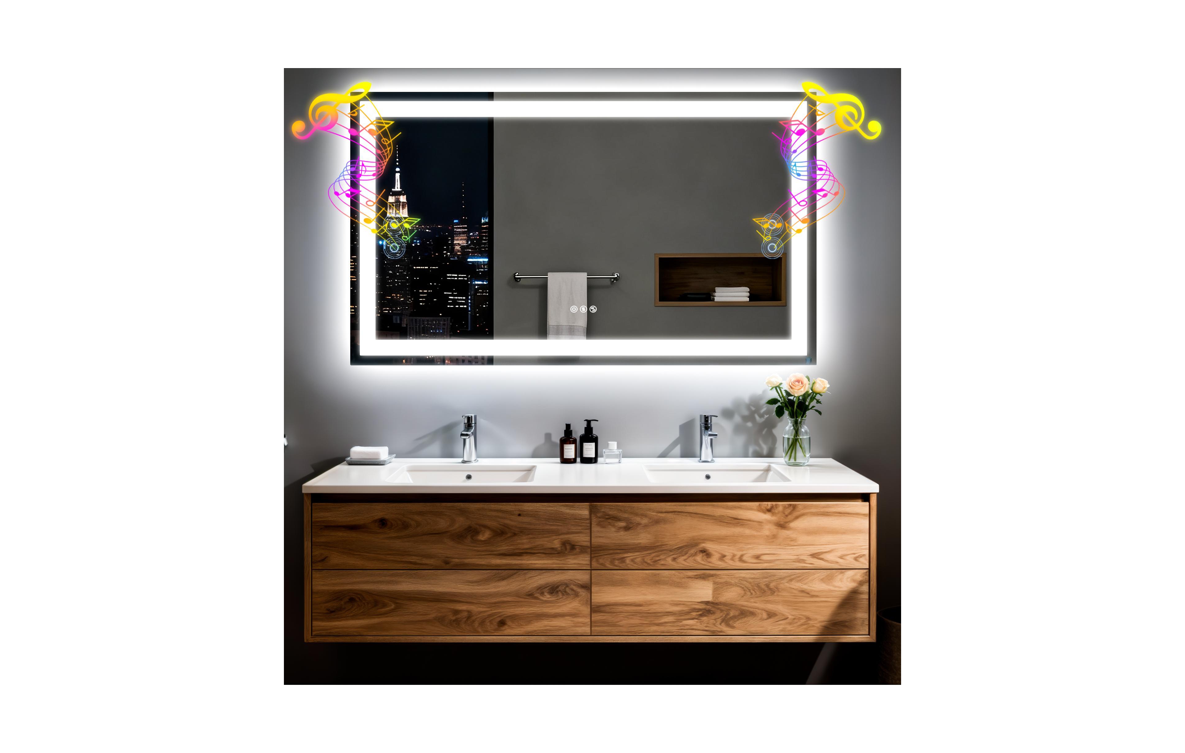 Luvodi 28" x 40" Led Mirror for Bathroom with Speaker Antifog 3 Colors Dimmable Backlitlight Makeup Mirror