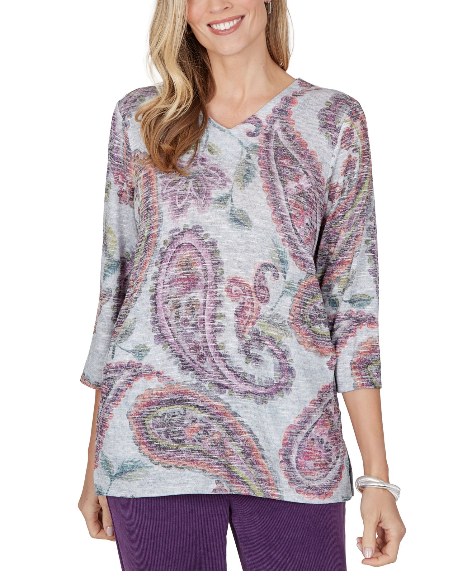 Petite Paisley V-Neck 3/4-Sleeve T-Shirt