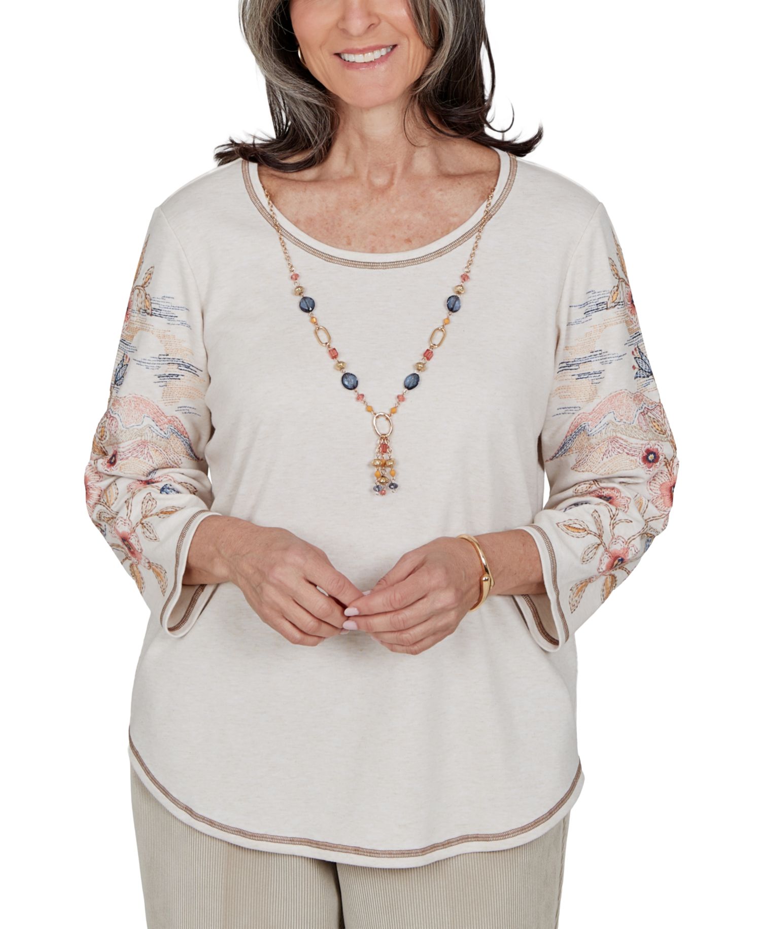 Petite Crewneck 3/4-Sleeve Curved-Hem Blouse
