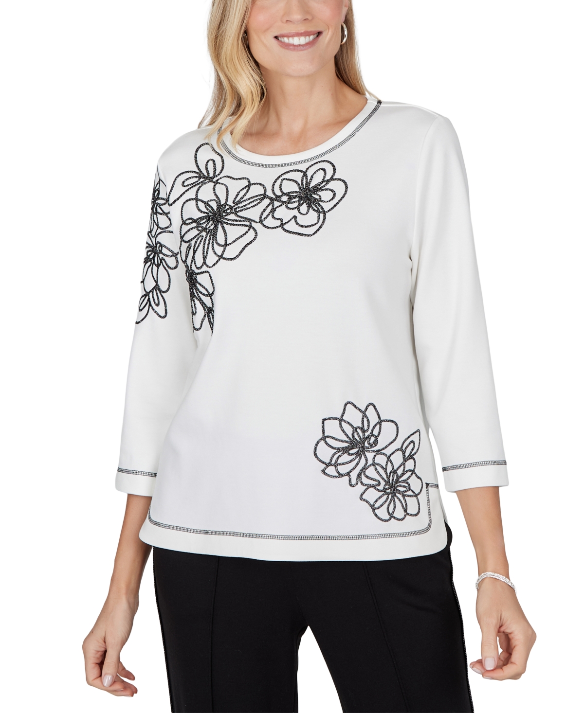 Alfred Dunner Petite Crewneck 3/4-sleeve Floral Blouse In White,black