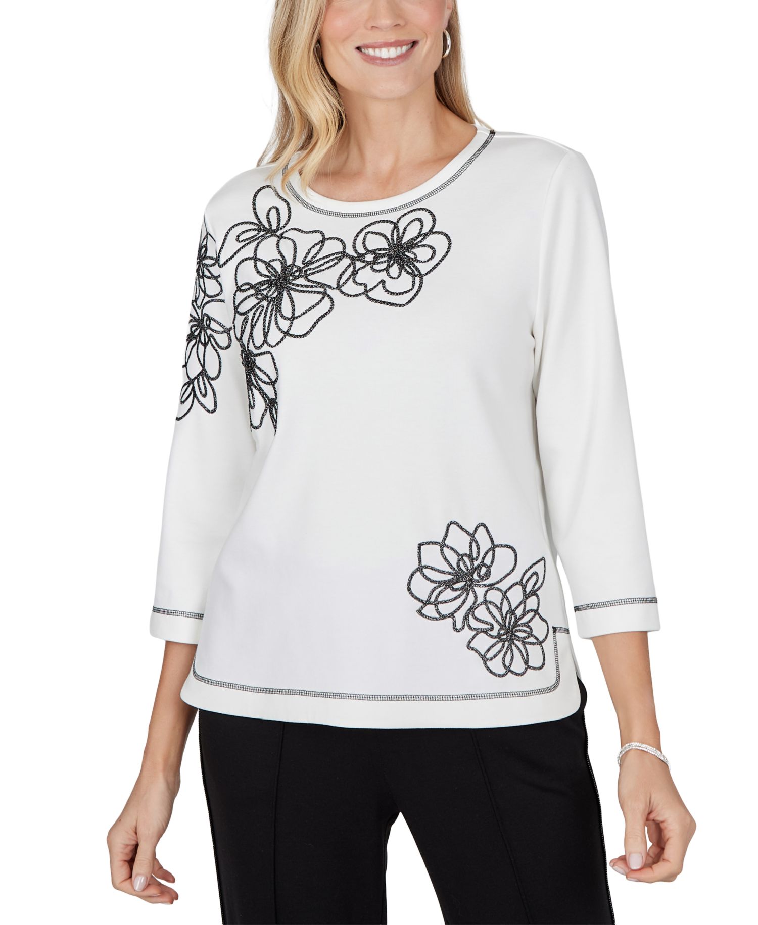 Petite Crewneck 3/4-Sleeve Floral Blouse