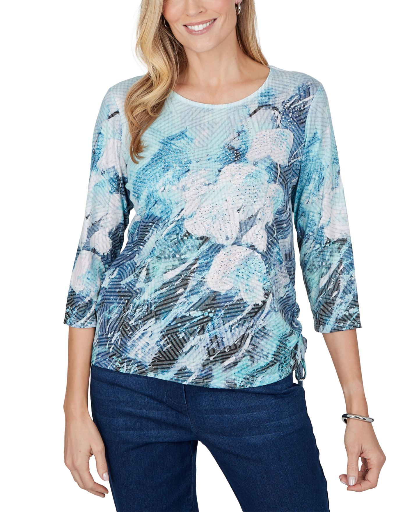 Женская блузка Alfred Dunner Petite 3/4-Sleeve Floral Print, цвет: Синий — фото 1