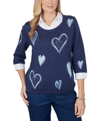 Petite Heart Print Scoop Neck 3/4-Sleeve Sweater