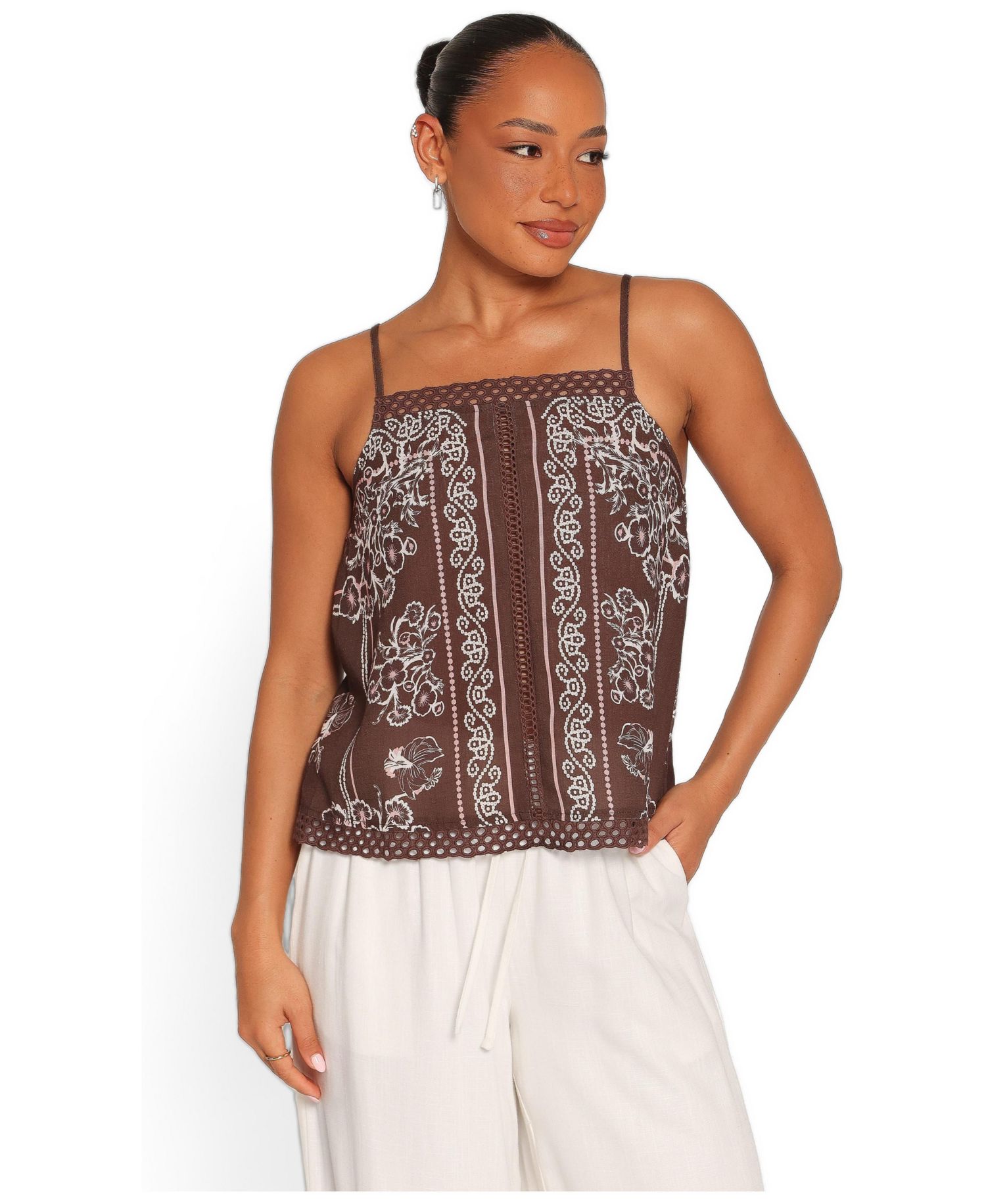 Women's Erina Square-Neck Lace Trim Linen-Blend Tank