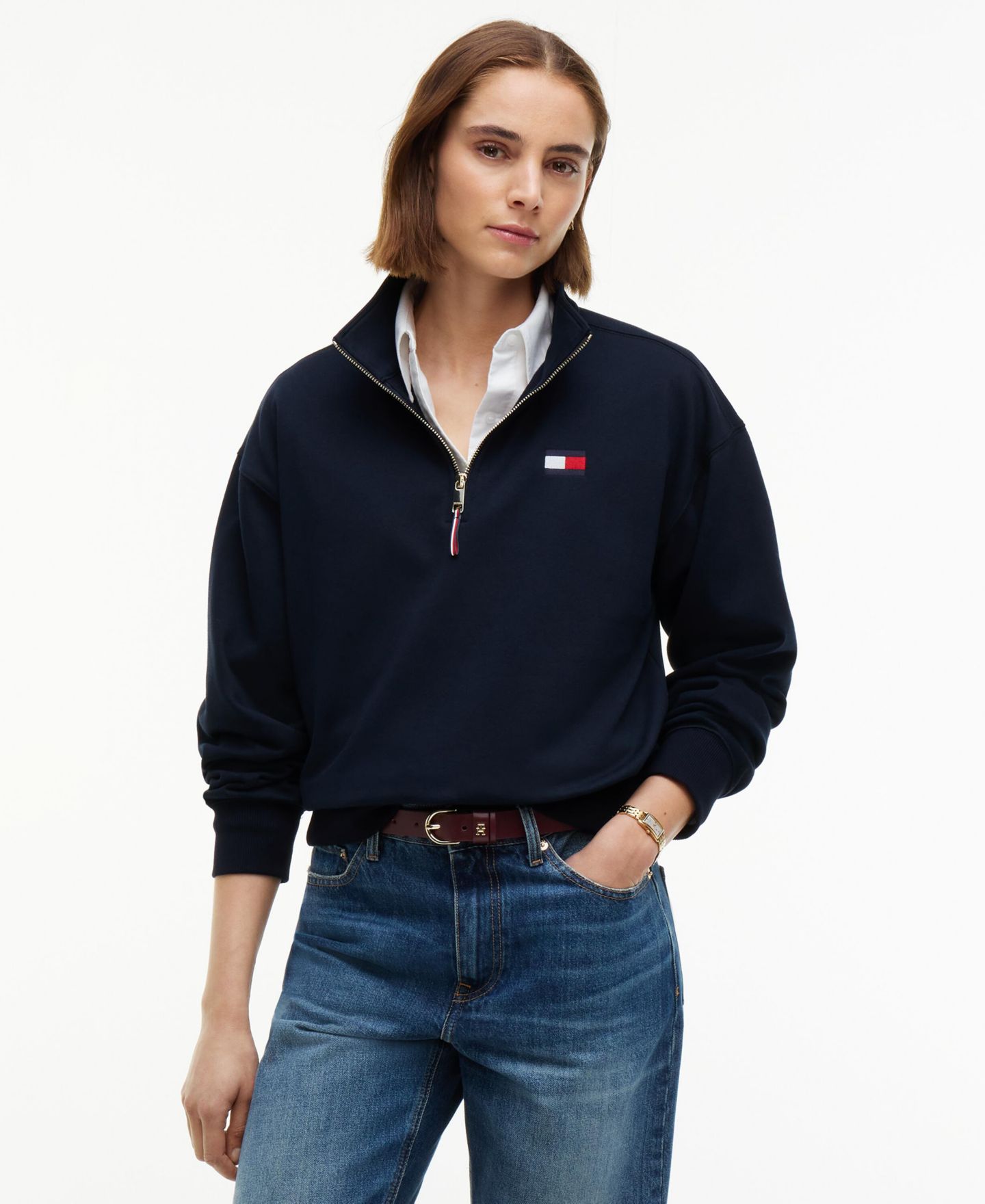 Женский свитшот Tommy Hilfiger с воротником-стойкой и молнией до середины, цвет: Серый меланжевый — фото 3
