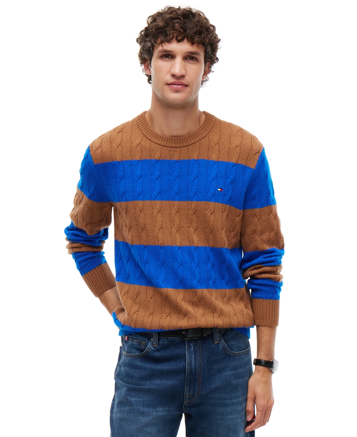 Tommy Hilfiger Men's Lambswool Cable Crew Regular-Fit Sweater - Safari Canvas/ Navy Blue