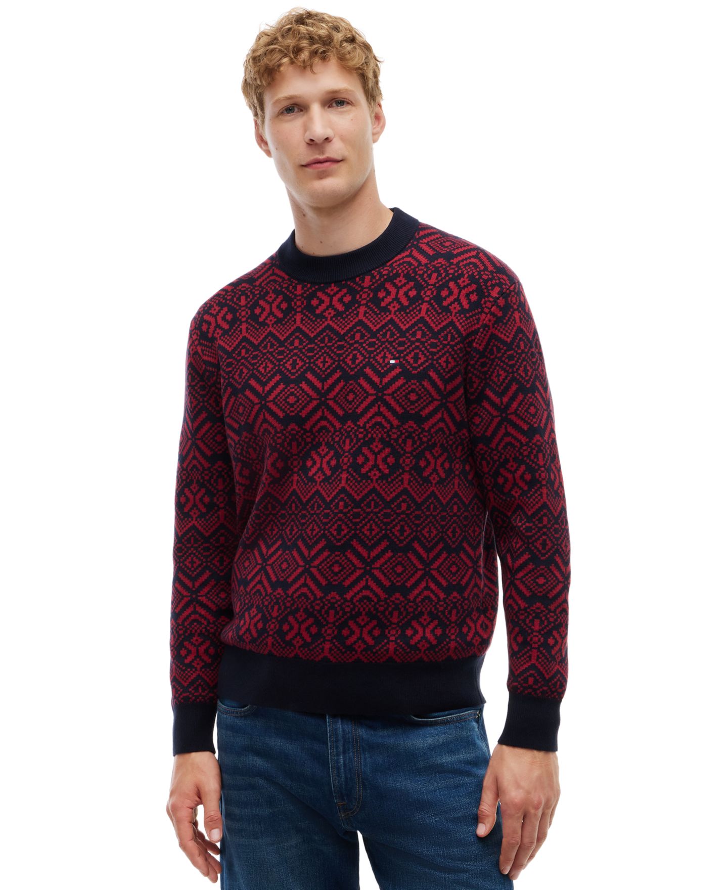 Мужской свитер Tommy Hilfiger Fair Isle с круглым вырезом, цвет: Красный / Тёмно-синий — фото 1