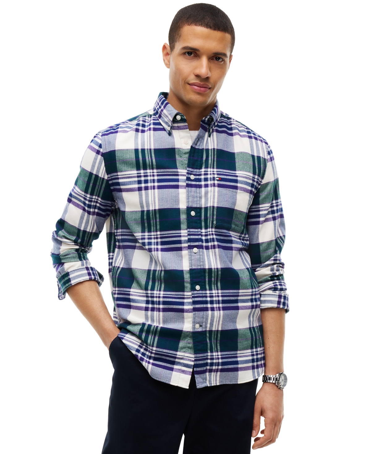 Tommy Hilfiger Men's Hero Plaid Flannel Relaxed-Fit Shirt - Ornamental Green / Check