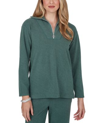 Petite Ribbed-Knit Quarter-Zip Long-Sleeve Top