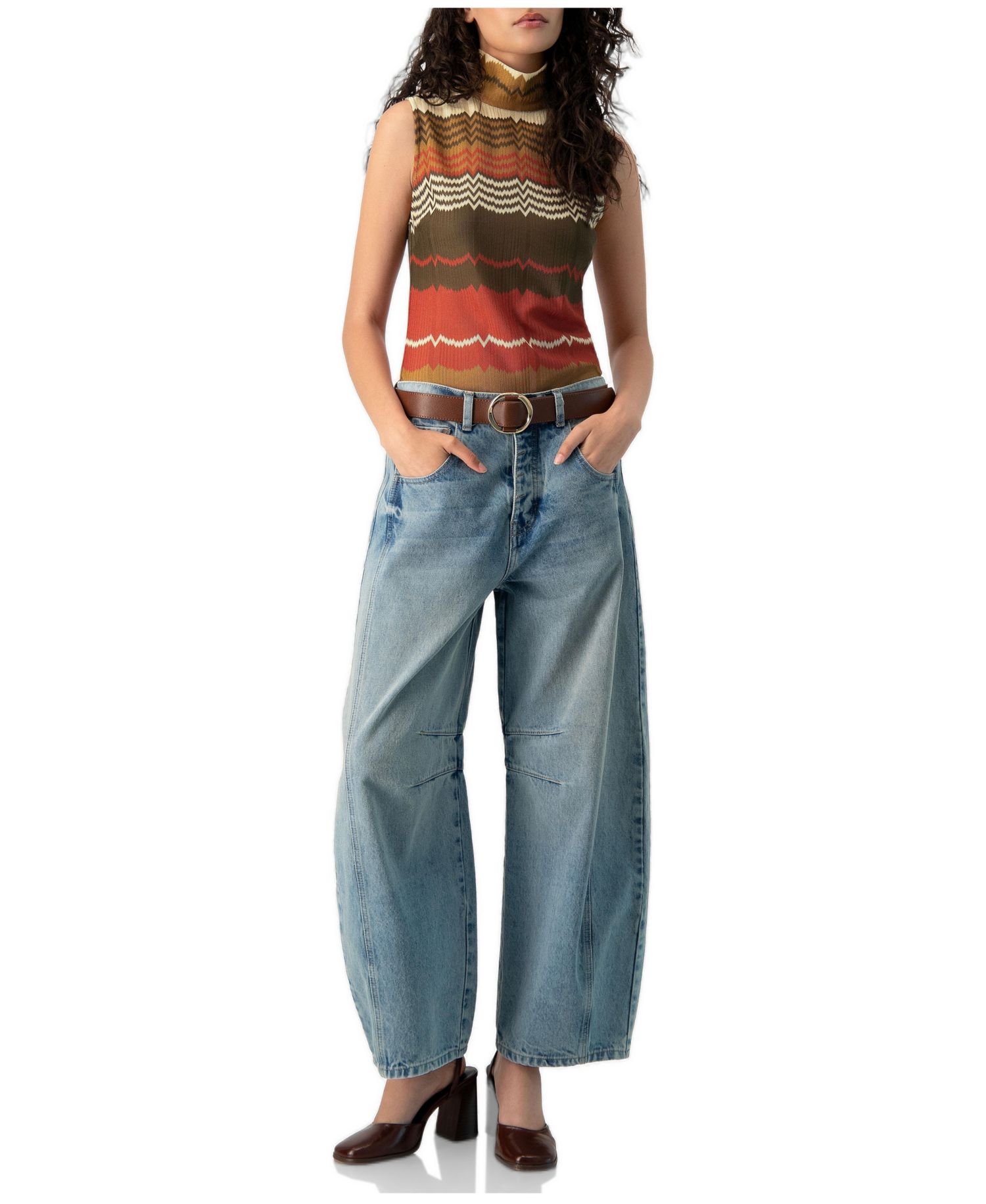 Women's Colorblock Zigzag Knit Mock-Neck Tank Top