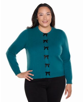 Plus Size Long-Sleeve Crewneck Bow Cardigan
