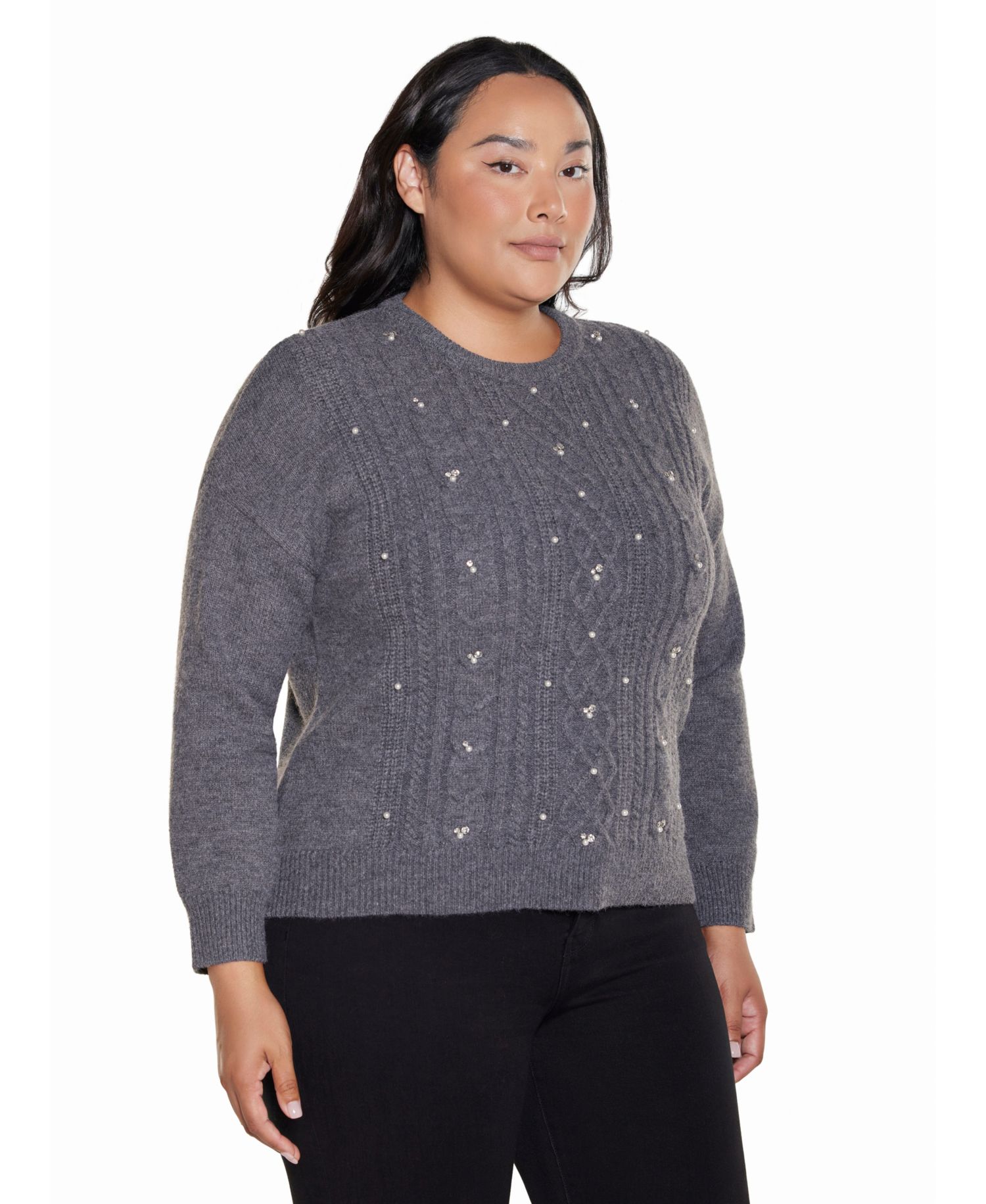 Plus Size Cable Knit Crewneck Long-Sleeve Pullover Sweater