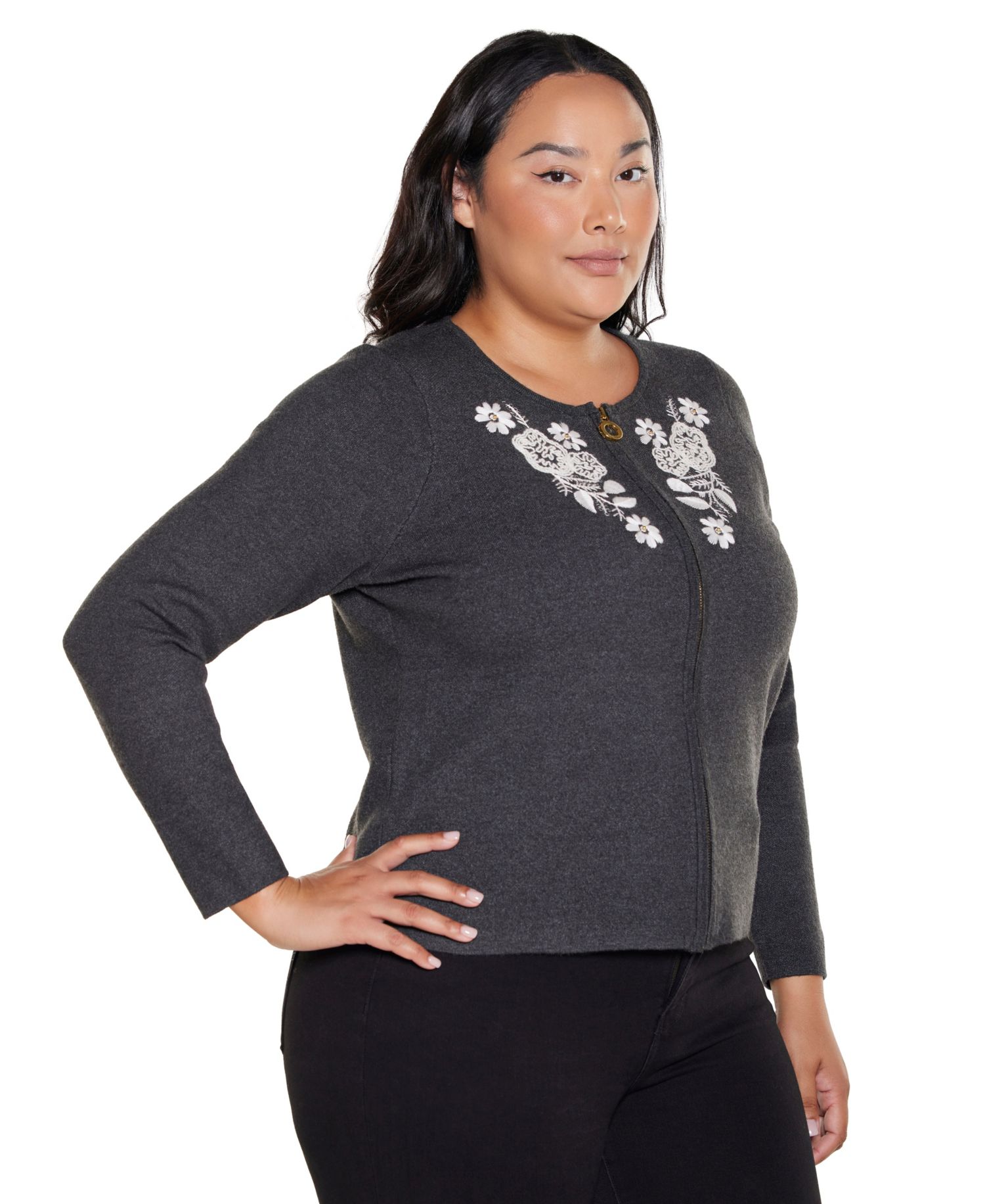 Plus Size Fitted Floral Full-Zip Cardigan