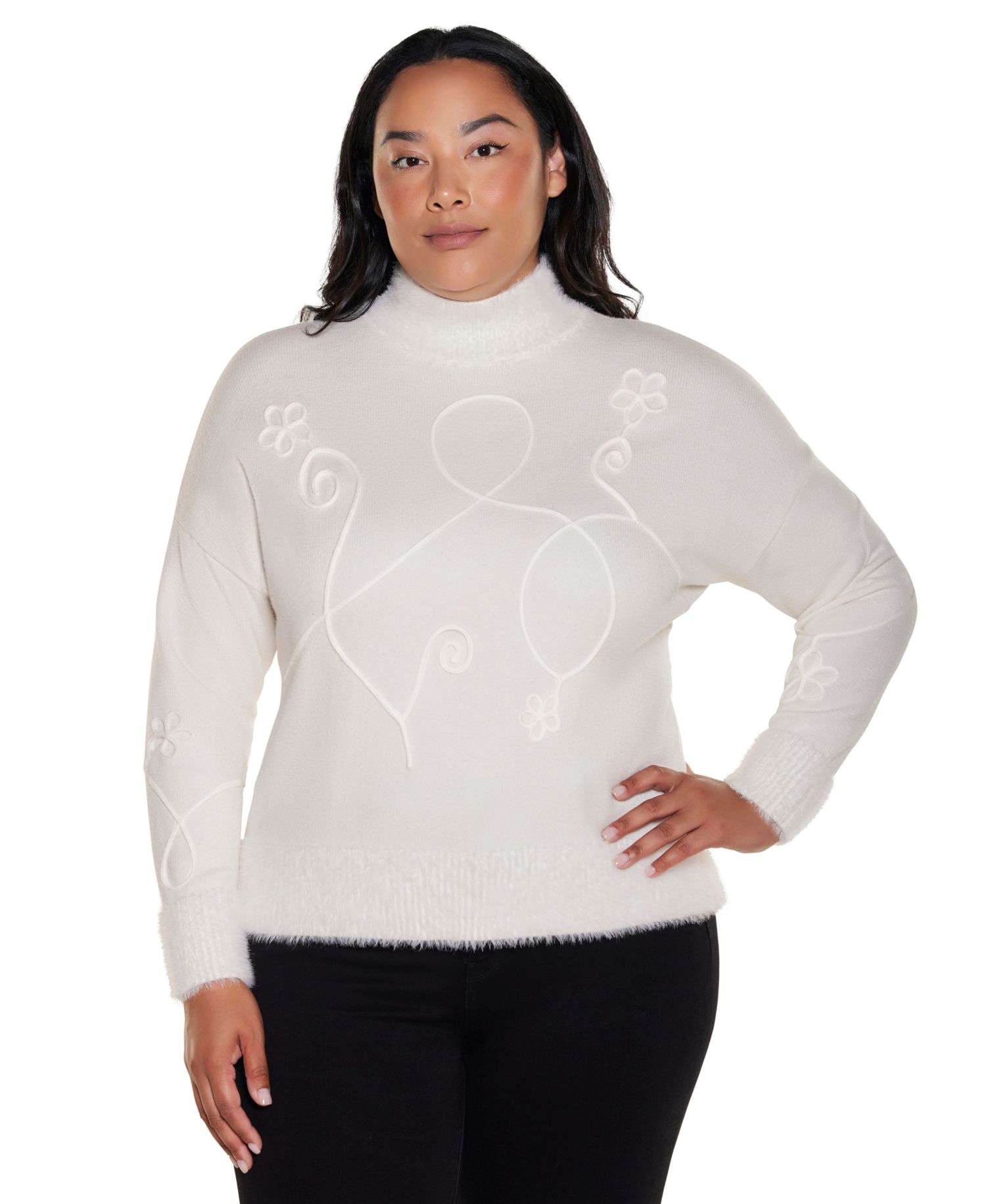 Plus Size Mock-Neck Long-Sleeve Soutache-Detail Pullover Sweater