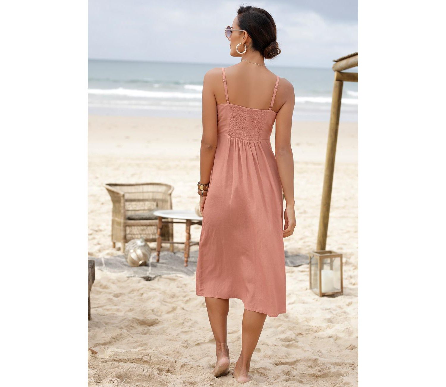 Women's Printed Button Up Panel Smocked A-Line V-Neck Midi Dress