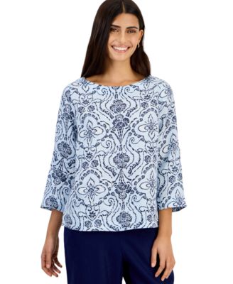 Petite Boat Neck 3/4-Sleeve Linen Blouse