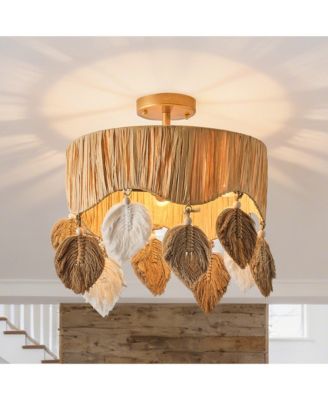 15.7" 4-Light Bohemian Antique Handwoven Raffia Ceiling Light with Leaf-Shaped Cotton Cord Hanging Ornament