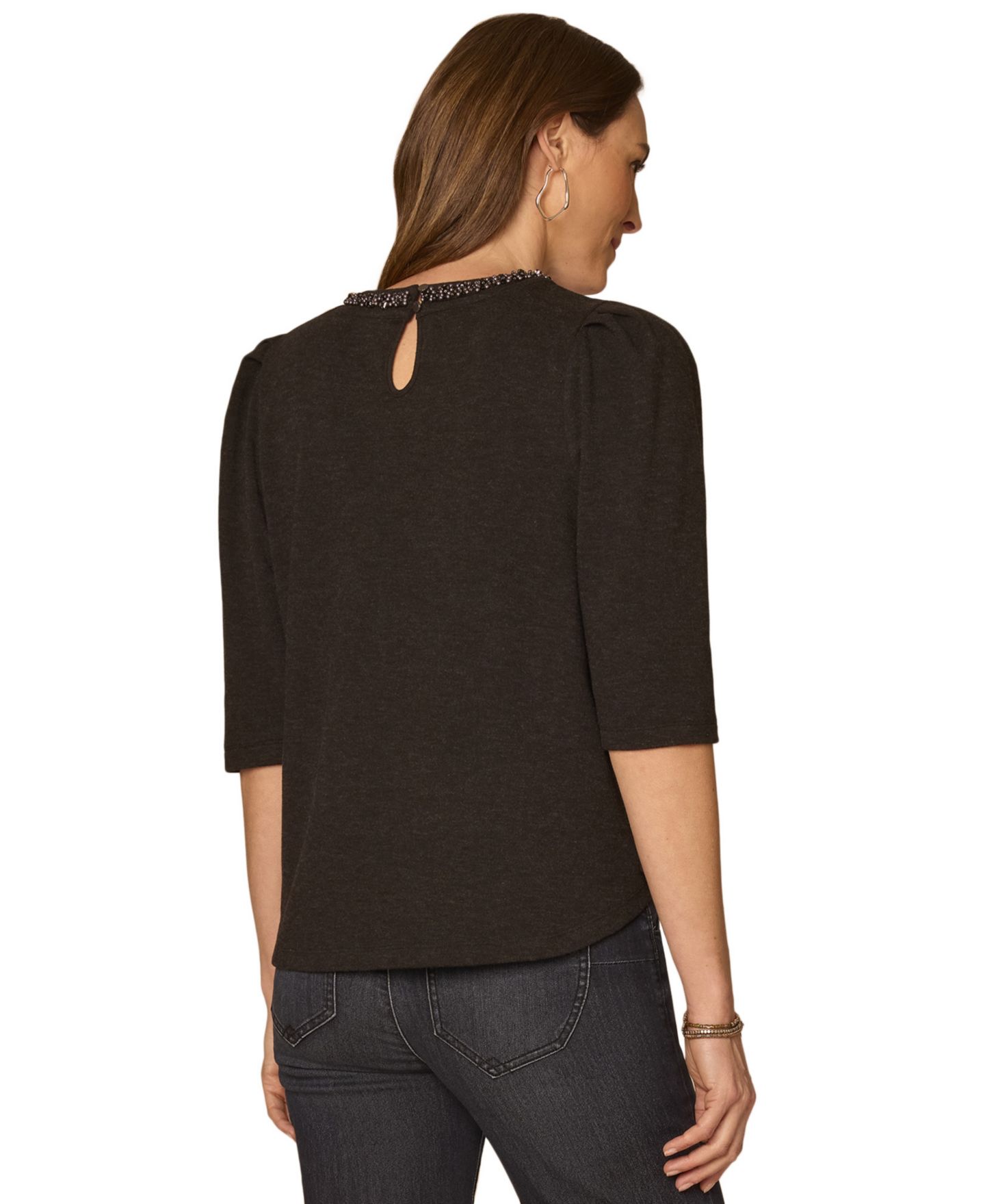 Женская блузка Democracy Petite Scoop-Neck Rhinestone Elbow-Length Sleeve Blouse, цвет: Чёрный — фото 3