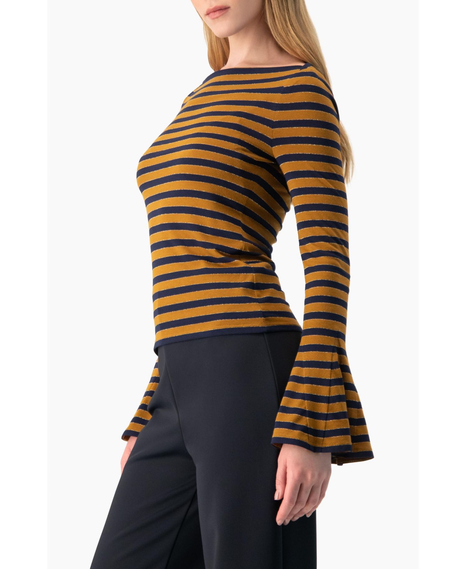 Women's Boat-Neck Bell-Sleeve Striped Blouse