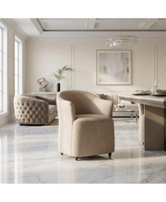 Solid Wood Upholstered Accent Dining Chair with Castors, Eclectic Style, Squared Arm Wicker